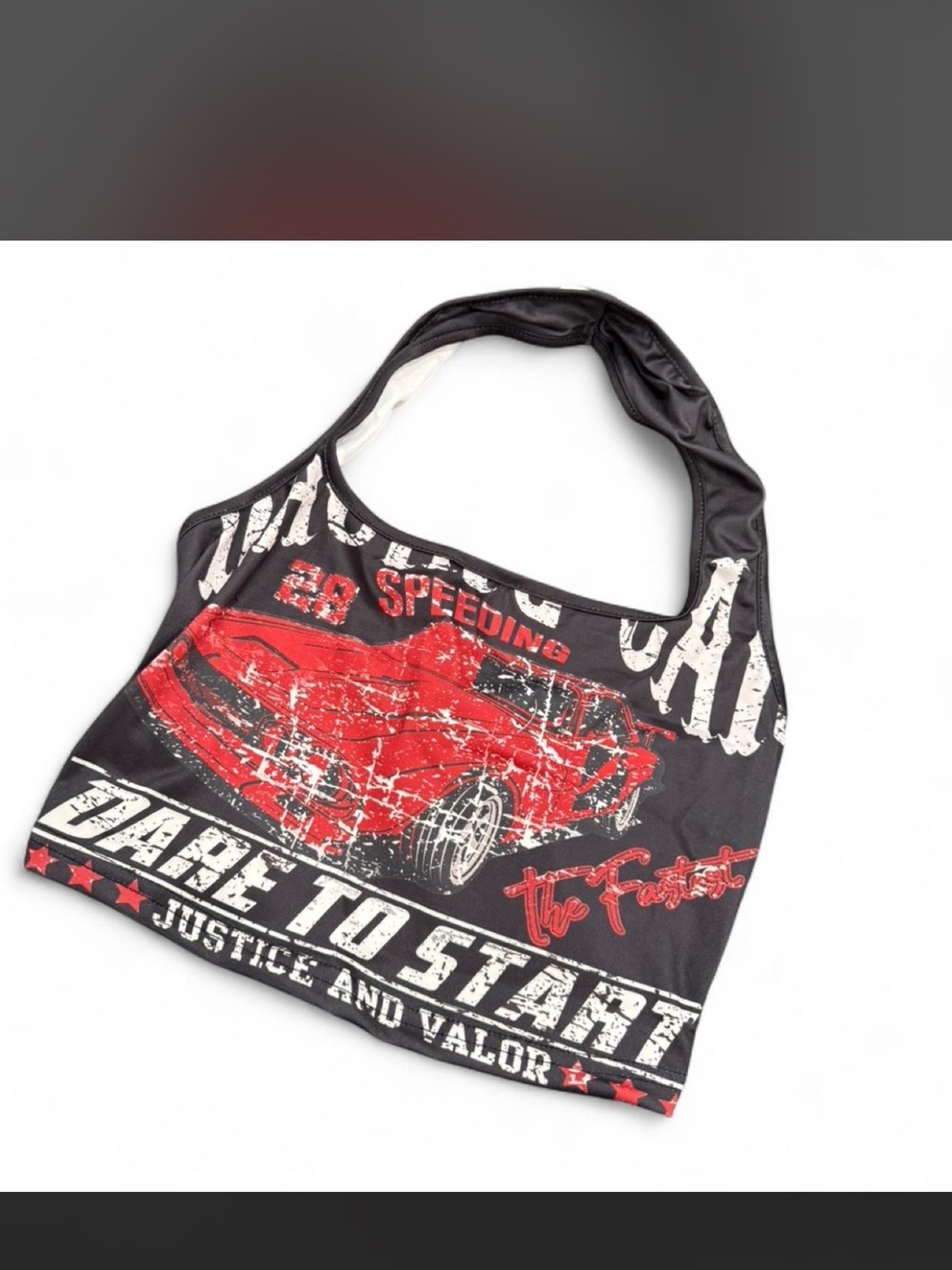SHEIN Black Red Graphic Crop Top with Racer Car Print